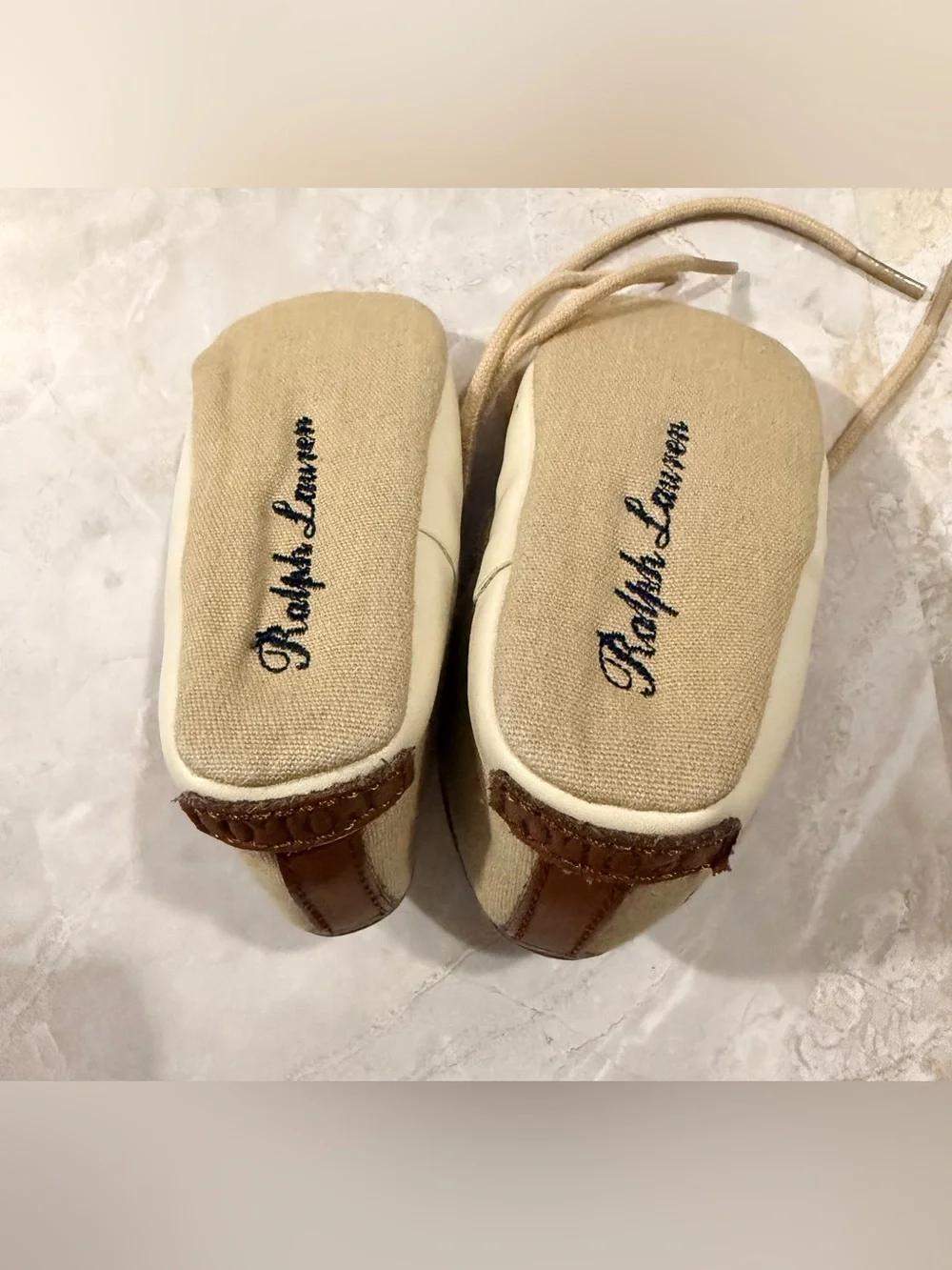 Polo by Ralph Lauren Beige Canvas Baby Walker Shoes with Brown Trim